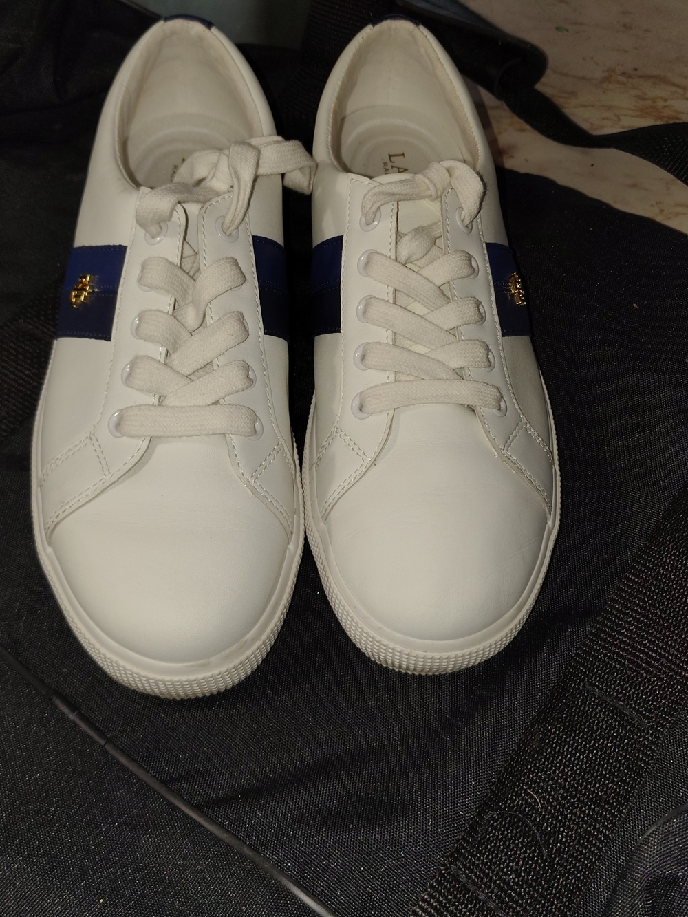 Ralph Lauren White Sneakers with Navy Stripe and Gold Logo